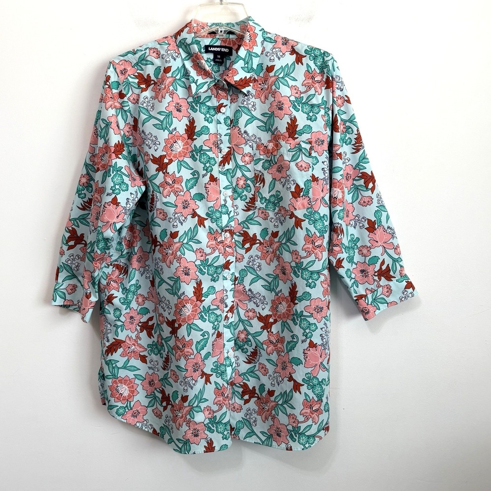 Lands End Blouse Top 18 Plus Supima No Iron 3/4 Sleeve Tunic Top Floral Summer